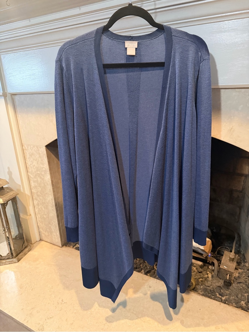 Chico's Long Open-Front Blue Cardigan with Contrast Trim size large